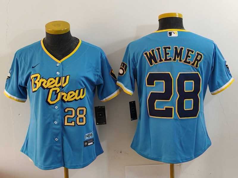 Womens Milwaukee Brewers #28 Joey Wiemer Blue 2022 City Connect Cool Base Stitched Jerseys